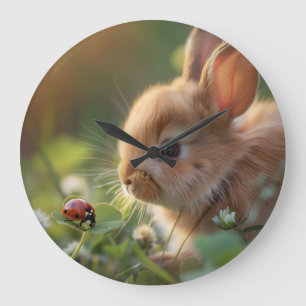 Cute bunny rabbit and a ladybug on the green field large clock