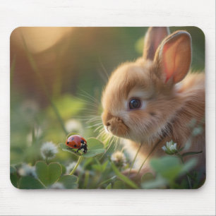 Cute bunny rabbit and a ladybug on the green field mouse pad