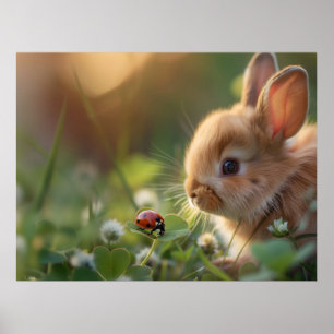 Cute bunny rabbit and a ladybug on the green field poster