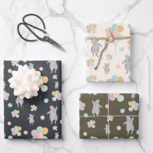 Cute Bunny Rabbit and Balloons Birthday Wrapping Paper Sheet