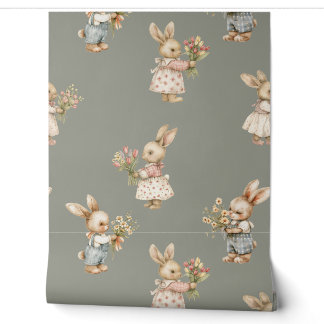 Cute Bunny Rabbit and Flowers Wallpaper
