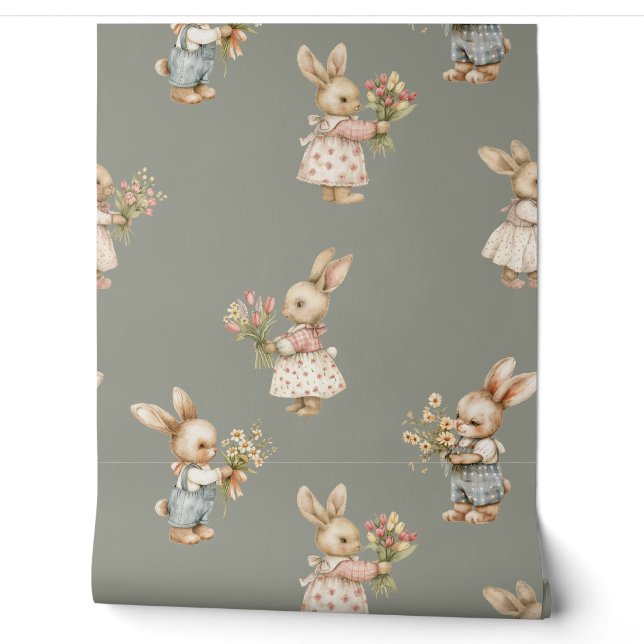 Cute Bunny Rabbit and Flowers Wallpaper (Unrolling)