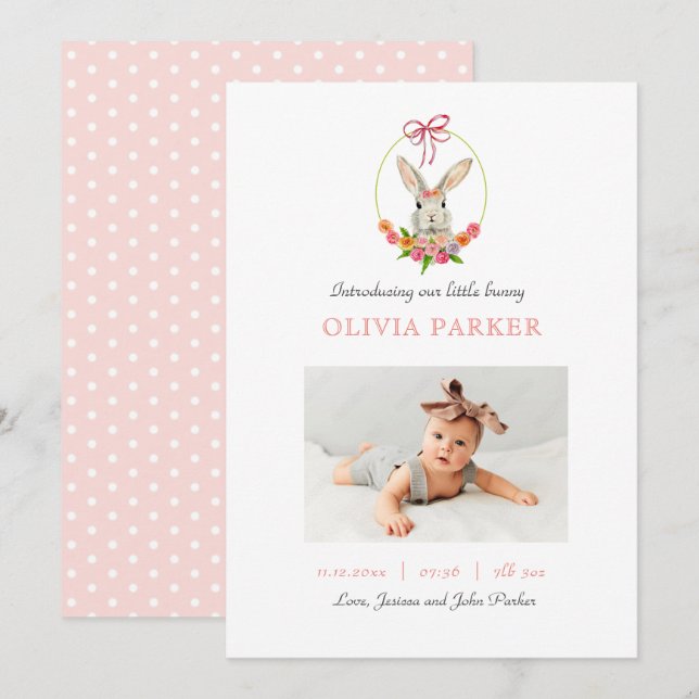 Cute Bunny Rabbit Baby photo Birth Announcement (Front/Back)