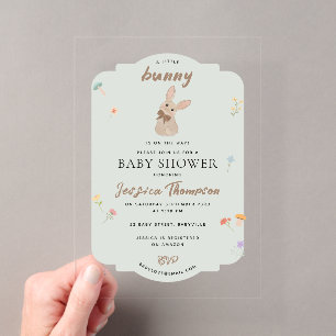 Cute Bunny Rabbit Baby Shower Floral Green Acrylic Invitations