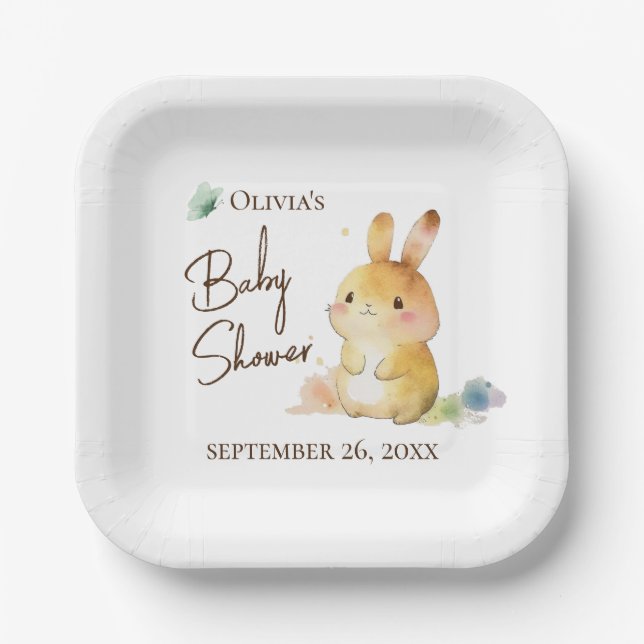 Cute Bunny Rabbit Baby Shower Neutral Personalized Paper Plate (Front)