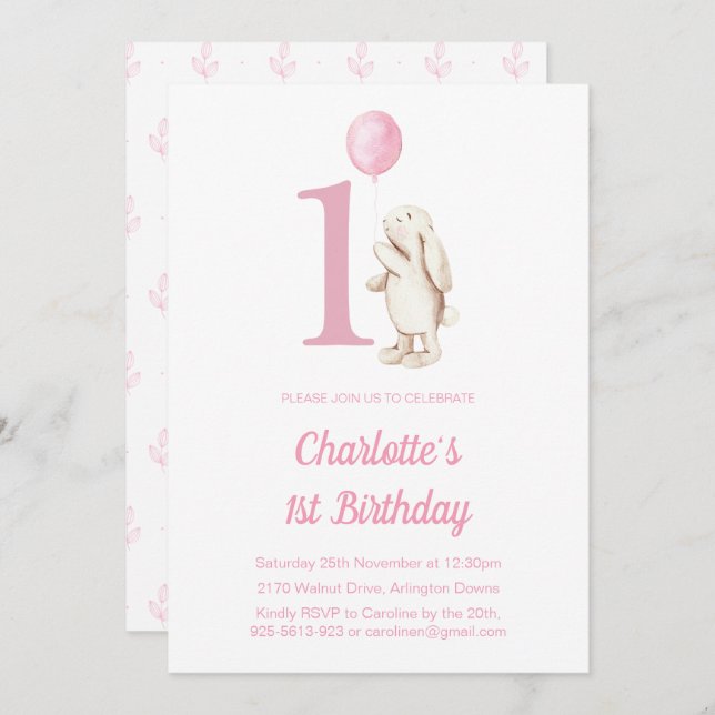 Cute Bunny Rabbit & Balloon Pink 1st Birthday Invitation (Front/Back)