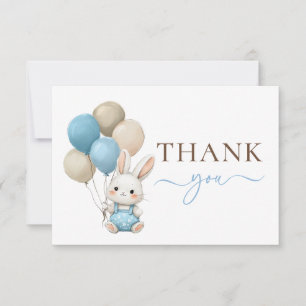Cute Bunny Rabbit Balloons   Blue Boy Baby Shower Thank You Card