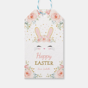Cute Bunny Rabbit Birthday Blush Gold Floral Party Gift Tags