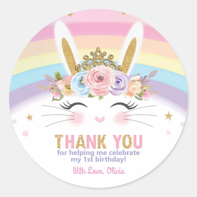 Cute Bunny Rabbit Birthday Thank You Favour Classic Round Sticker (Front)