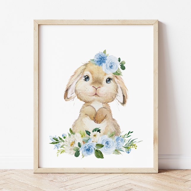 Cute Bunny, Rabbit, Blue Flowers, Boy Nursery Poster (Creator Uploaded)