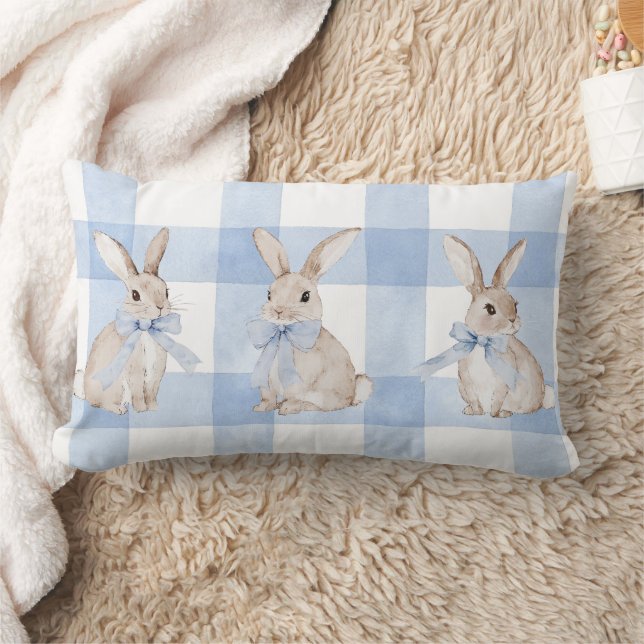 Cute Bunny Rabbit Blue Plaid Throw Pillow (Blanket)