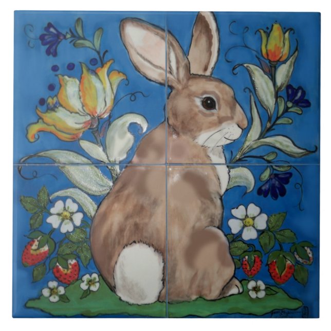 Cute Bunny Rabbit Blue Spring Floral Easter Trivet (Front)