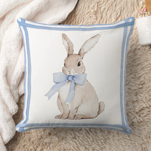 Cute Bunny Rabbit Blue Vintage  Throw Pillow (Blanket)