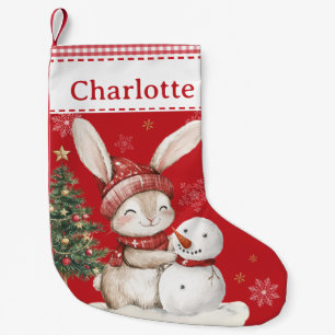 Cute Bunny Rabbit Building a Snowman Red Gingham  Small Christmas Stocking