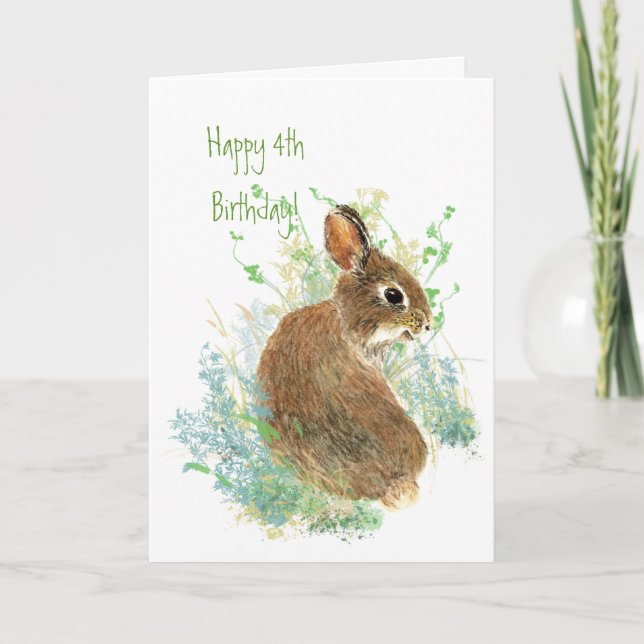 Cute Bunny Rabbit Child's  4th  Birthday Animal Card (Front)