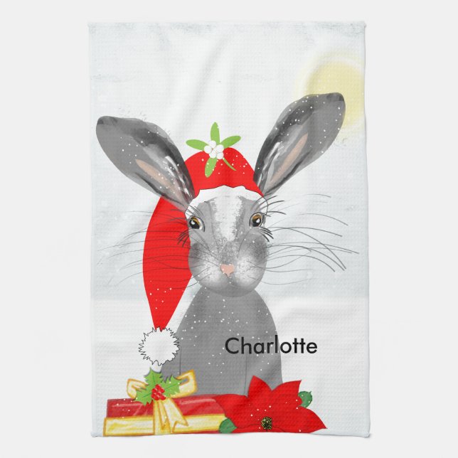 Cute Bunny Rabbit Christmas Holiday Theme Kitchen Towel (Vertical)