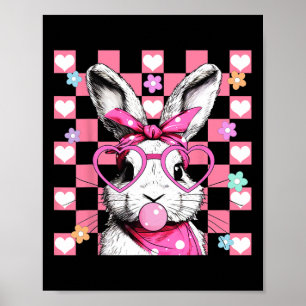 Cute Bunny Rabbit Face Gles Girl Checkerboard Happ Poster