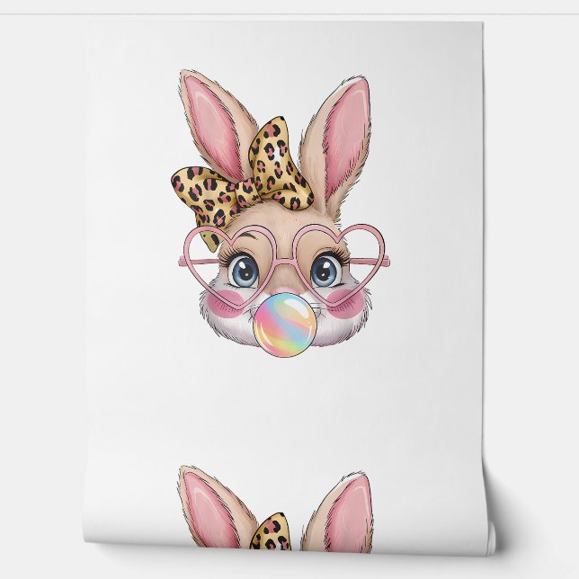 Cute Bunny Rabbit Face Leopard Bow Girls Happy Eas Wallpaper (Unrolling)