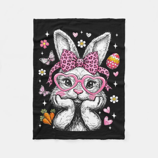 Cute bunny rabbit face leopard coquette bow easter fleece blanket (Front)