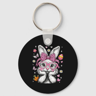 Cute bunny rabbit face leopard coquette bow easter keychain
