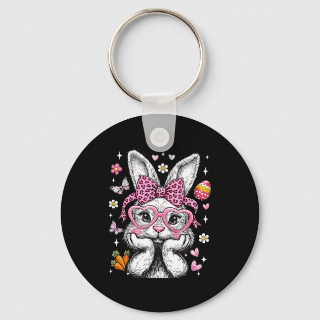 Cute bunny rabbit face leopard coquette bow easter keychain (Front)