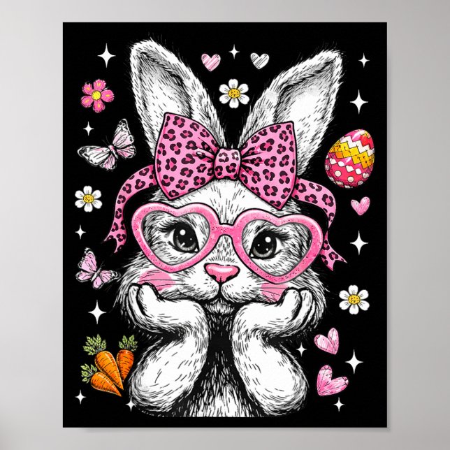 Cute Bunny Rabbit Face Leopard Coquette Bow Easter Poster (Front)
