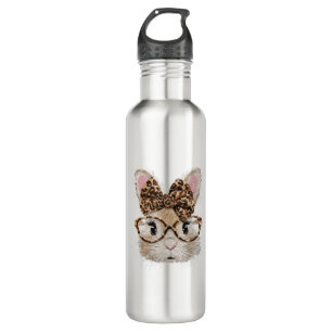 Cute Bunny Rabbit Face Leopard Coquette Bow Glasse 710 Ml Water Bottle