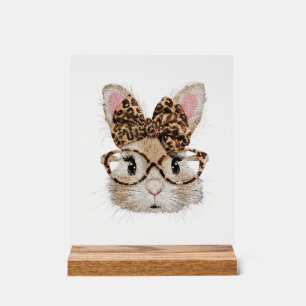 Cute Bunny Rabbit Face Leopard Coquette Bow Glasse Acrylic Sign