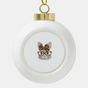 Cute Bunny Rabbit Face Leopard Coquette Bow Glasse Ceramic Ball Christmas Ornament