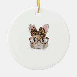 Cute Bunny Rabbit Face Leopard Coquette Bow Glasse Ceramic Ornament