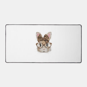 Cute Bunny Rabbit Face Leopard Coquette Bow Glasse Desk Mat