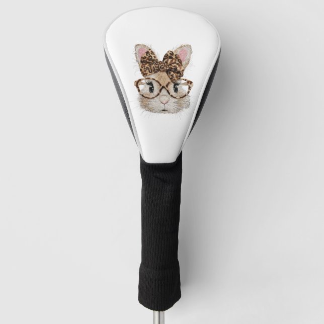 Cute Bunny Rabbit Face Leopard Coquette Bow Glasse Golf Head Cover (Front)