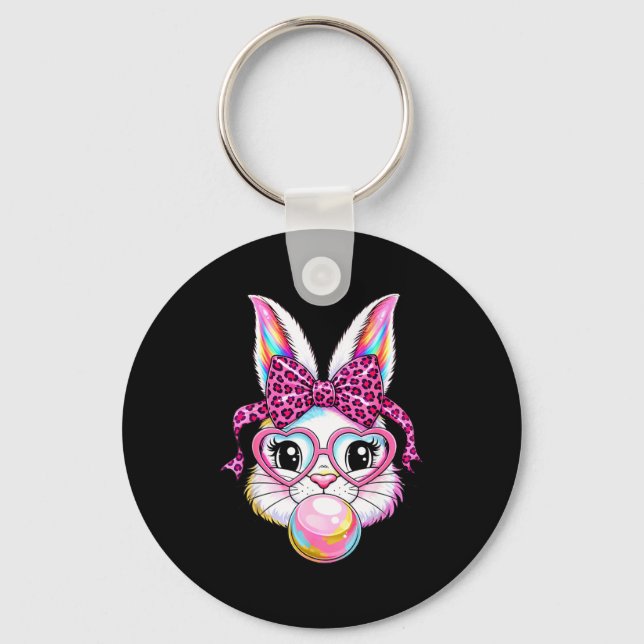 Cute bunny rabbit face leopard coquette bow glasse keychain (Front)