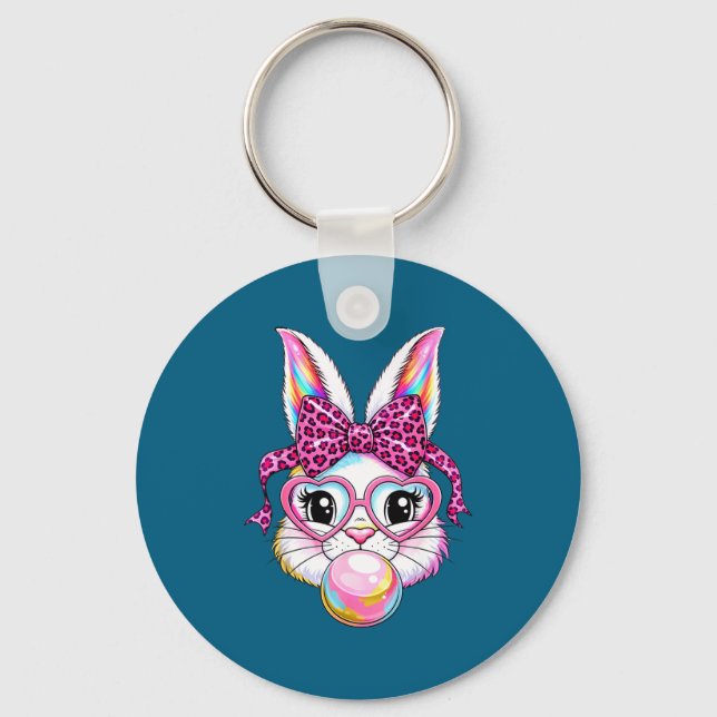 Cute bunny rabbit face leopard coquette bow glasse keychain (Front)