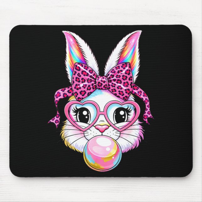 Cute bunny rabbit face leopard coquette bow glasse mouse pad (Front)