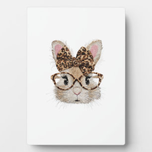 Cute Bunny Rabbit Face Leopard Coquette Bow Glasse Plaque
