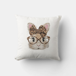 Cute Bunny Rabbit Face Leopard Coquette Bow Glasse Throw Pillow