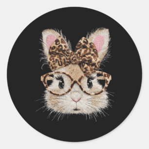 Cute Bunny Rabbit Face Leopard Coquette Bow Gles E Classic Round Sticker