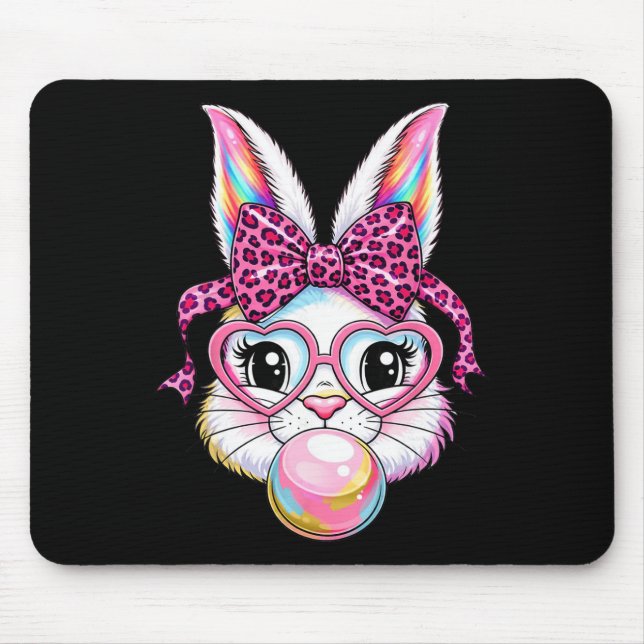 Cute Bunny Rabbit Face Leopard Coquette Bow Gles E Mouse Pad (Front)