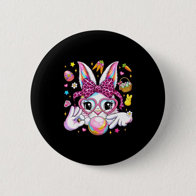 Cute bunny rabbit face leopard coquette bow six 2 inch round button (Front)