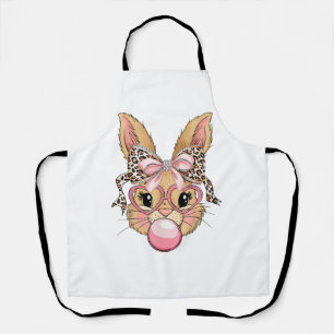 Cute Bunny Rabbit Face Leopard Glasses Girl Happy  Apron
