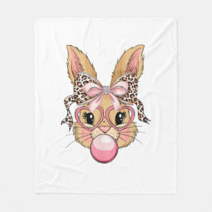 Cute Bunny Rabbit Face Leopard Glasses Girl Happy  Fleece Blanket