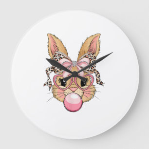 Cute Bunny Rabbit Face Leopard Glasses Girl Happy  Large Clock