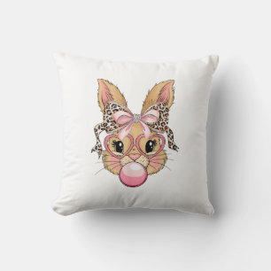 Cute Bunny Rabbit Face Leopard Glasses Girl Happy  Throw Pillow