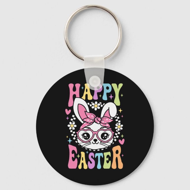 Cute Bunny Rabbit Face Retro Happy Easter Day Wome Keychain (Front)