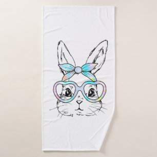 Cute Bunny Rabbit Face Tie Dye Glasses Girl Happy  Bath Towel