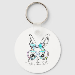 Cute Bunny Rabbit Face Tie Dye Glasses Girl Happy Keychain