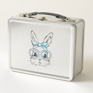 Cute Bunny Rabbit Face Tie Dye Glasses Girl Happy  Metal Lunch Box