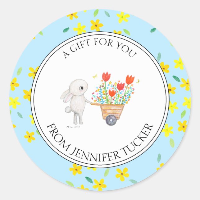 Cute Bunny Rabbit Floral Custom Baby Shower Favor Classic Round Sticker (Front)