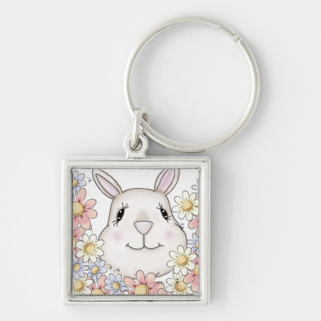 Cute Bunny Rabbit Flowers & Butterflies Keychain (Front)